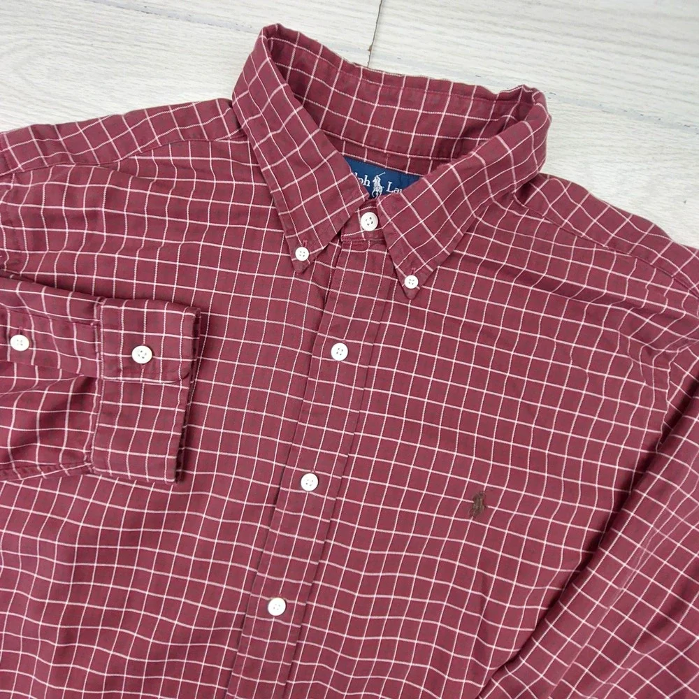 Polo Ralph Lauren Button Down Men XL Burgundy Grid Classic Fit Cotton Shirt